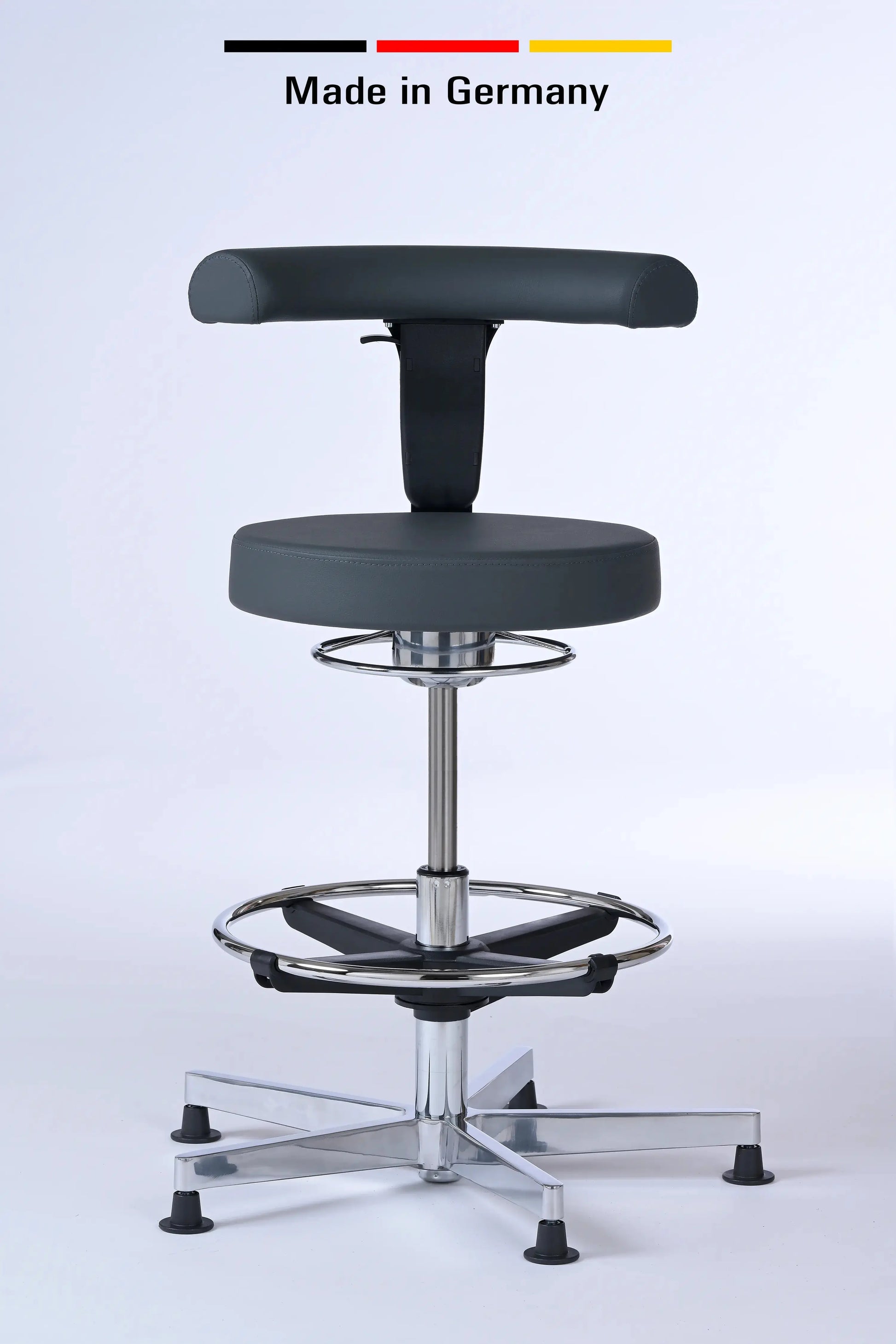 Stehhocker mit Rückenlehne Lantinus – Gestell chrom mit Gleitern – ergonomischer Drehhocker - Made in Germany - Lacontaire