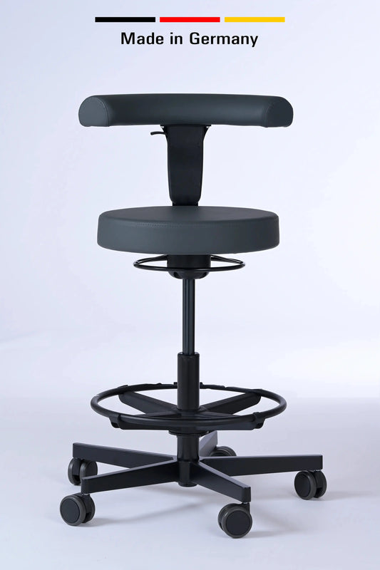 Drehhocker mit Rückenlehne Lantinus – Gestell Aluminium mit Rollen – ergonomischer Praxishocker - Made in Germany - Lacontaire