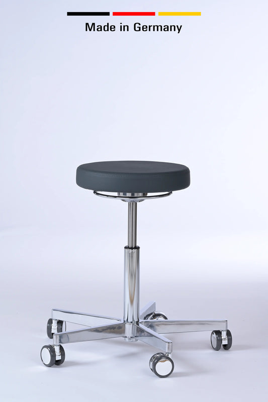 Drehhocker Lantinus – Gestell chrom mit Rollen – ergonomischer Praxishocker - Made in Germany - Lacontaire