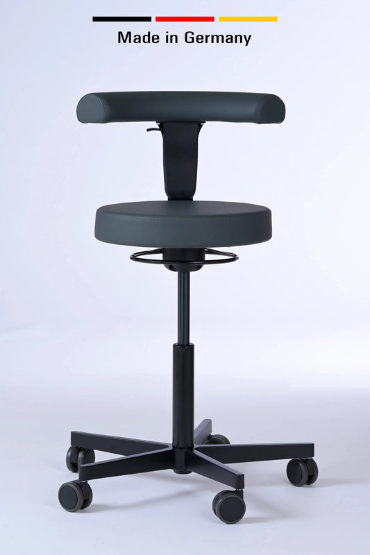 Drehhocker mit Rückenlehne Lantinus – Gestell Aluminium mit Rollen – ergonomischer Praxishocker - Made in Germany - Lacontaire