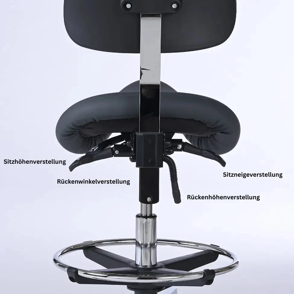 Sattelhocker mit Rückenlehne Garwin – Gestell chrom mit Rollen – ergonomischer Sattelstuhl - Funktionen - Lacontaire